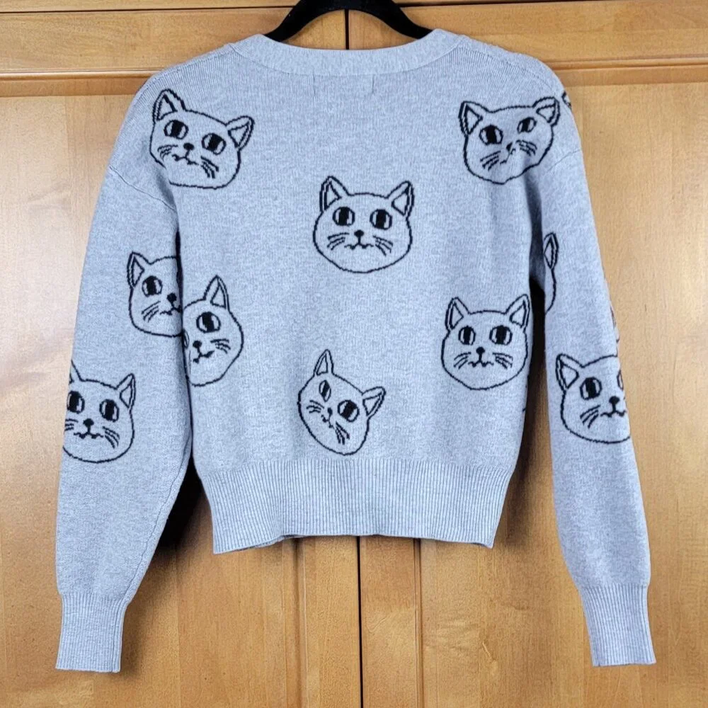 V-Neck Grey Cat Kitten Face Cropped Cardigan - XXS - Picture 4 of 12